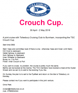Joint Cruise with TCC – Crouch Cup